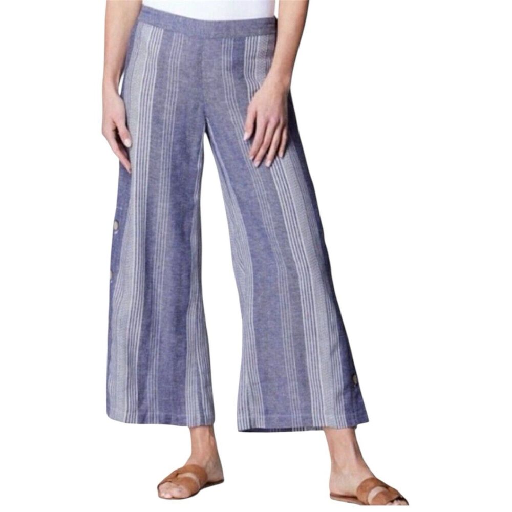 J Jill Pants L Blue Linen Striped Wide Leg Ankle Coastal Beach Vacation Resort‎